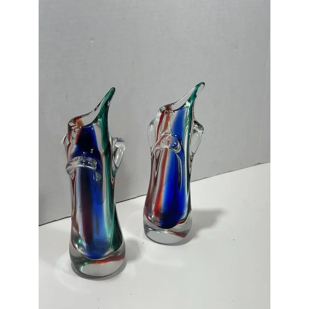 Gorgeous Pair 2 Vintage Art Glass‎ Murano Dolphin Shaped Sommerso Style Vase